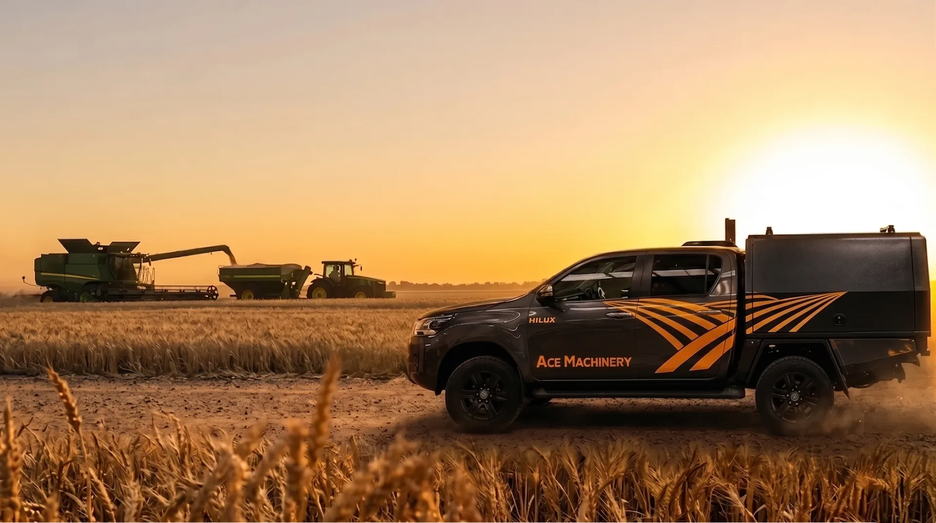 Ace Machinery branded service vehicle on a rural track at sunset with mobile workshop compartments open