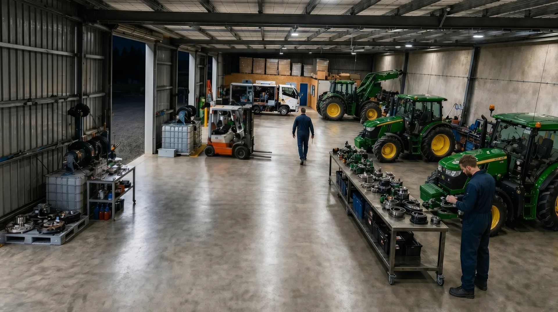 Ace Machinery service vehicle at sunset in agricultural landscape with mobile workshop bays open