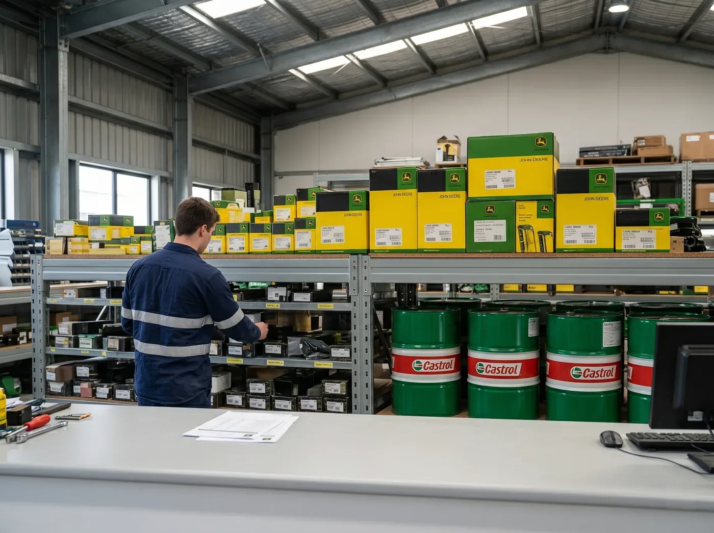 Organised parts shelves and lubricants in the Ace Machinery workshop